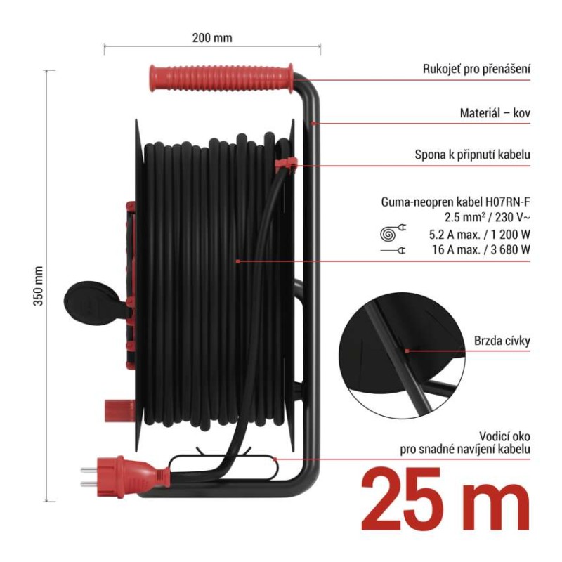 Venkovní prodlužovací kabel na bubnu 25 m / 4 zás. / černý / guma-neopren / 230V / 2,5 mm2