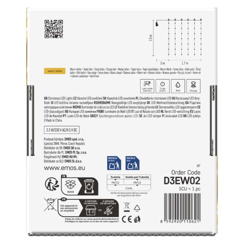 LED vánoční drop řetěz – záclona, 1,7x1,5 m, venkovní i vnitřní, teplá bílá, programy