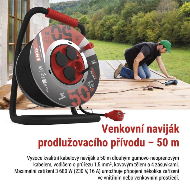 Venkovní prodlužovací kabel na bubnu 50 m / 4 zás. / černý / guma-neopren / 230V / 1,5 mm2
