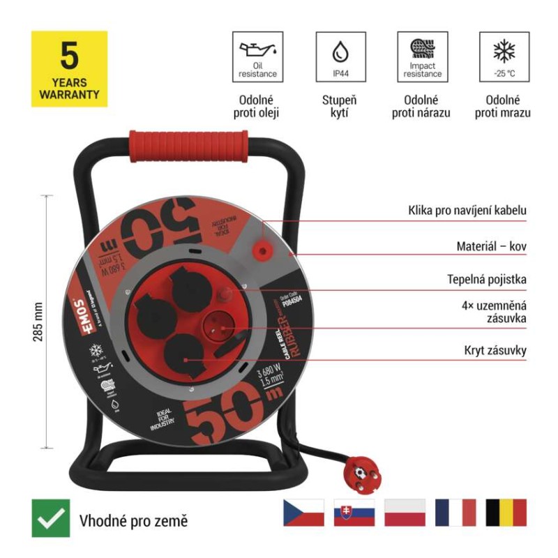 Venkovní prodlužovací kabel na bubnu 50 m / 4 zás. / černý / guma-neopren / 230V / 1,5 mm2