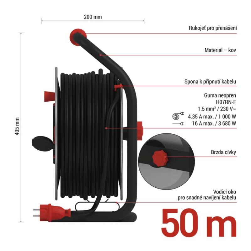 Venkovní prodlužovací kabel na bubnu 50 m / 4 zás. / černý / guma-neopren / 230V / 1,5 mm2