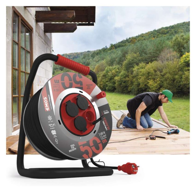 Venkovní prodlužovací kabel na bubnu 50 m / 4 zás. / černý / guma-neopren / 230V / 1,5 mm2
