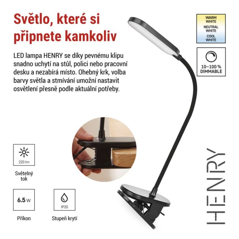 LED klipová lampa HENRY, černá