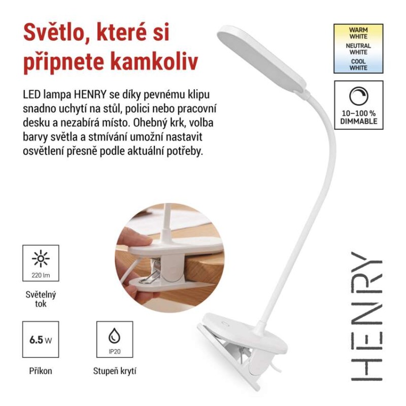 LED klipová lampa HENRY, bílá