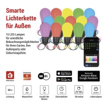 GoSmart LED-Lichterkette – 15× Party-Glühbirnen, 15 m, für außen und innen, RGBIC WiFi