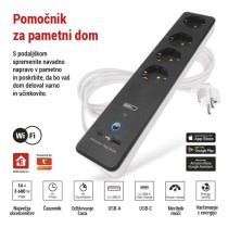 GoSmart podaljšek 2 m / 4 vtičnice / s stikalom / USB / belo-črni / PVC / 1,5 mm2