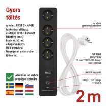 GoSmart hosszabbító 2 m / 4 aljzat / kapcsolós / USB / fehér-fekete / PVC / 1,5 mm2