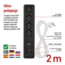 GoSmart podaljšek 2 m / 4 vtičnice / s stikalom / USB / belo-črni / PVC / 1,5 mm2