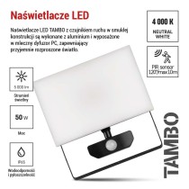 Naświetlacz LED TAMBO z czujnikiem PIR, 50 W, 5000 lm, czarny