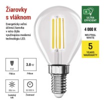 LED žiarovka Filament Mini Globe A CLASS / E14 / 3,8 W (60 W) / 806 lm / Neutrálna biela