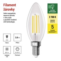 LED žárovka Filament svíčka A CLASS / E14 / 3,8 W (60 W) / 806 lm / teplá bílá
