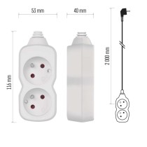 Przedłużacz 2 m / 2 gniazda / biały / PVC / 1 mm2