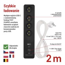 GoSmart Przedłużacz 2 m / 4 gniazda / z wyłącznikiem / z USB / biało-czarny / PVC / 1,5mm2