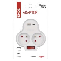 Rozbočovací zásuvka 2×, vyp., 1×USB-A+1×USB-C, bílá
