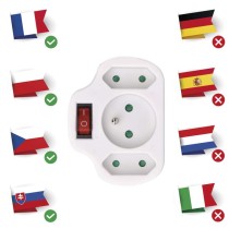 Rozbočovací zásuvka 2x plochá + 1x kulatá s vypínačem, bílá