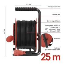 Venkovní prodlužovací kabel na bubnu 25 m / 4 zásuvky / guma / 230 V / 1,0 mm2 / IP44