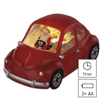 LED dekoráció – télapó autóval, 10 cm, 3x AA, beltéri, meleg fehér, időzítő