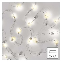 LED karácsonyi fényfüzér ezüst – csillagok, 1,9 m, 2x AA, beltéri, meleg fehér, időzítő
