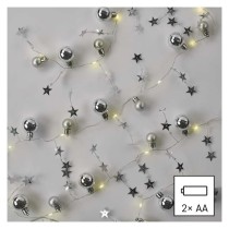 LED karácsonyi fényfüzér – ezüst gömb csillagokkal,1,9m, 2xAA, beltéri, meleg fehér, időz.