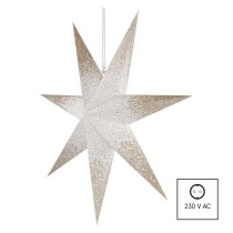 LED papírcsillag, függeszthető, arany csillámporos a szélein, fehér, 60 cm, beltéri