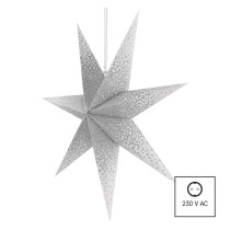 LED papírcsillag, függeszthető, ezüst csillámporos középen, fehér, 60 cm, beltéri