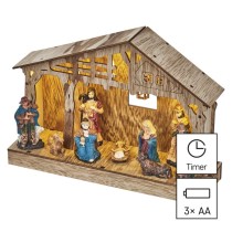 LED karácsonyi betlehem, fa, 19 cm, 3x AA, beltéri, meleg fehér, időzítő