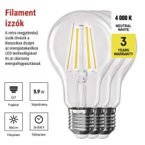 LED izzó Filament A60 / E27 / 5,9 W (60 W) / 806 lm / Természetes fehér