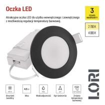 Oczko LED LORI czarne, okrągłe, 4,5W CCT