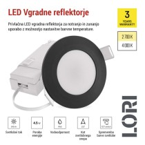 LED reflektor LORI črne barve, okrogel, 4,5W CCT