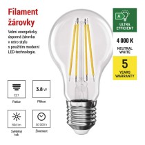 LED žárovka Filament A60 A CLASS / E27 / 3,8 W (60 W) / 806 lm / neutrální bílá