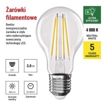 Żarówka LED Filament A60 A CLASS/ E27 / 3,8 W (60 W) / 806 lm / neutralna biel