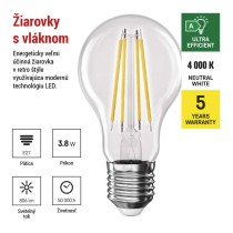 LED žiarovka Filament A60 A CLASS/ E27 / 3,8 W (60 W) / 806 lm / neutrálna biela