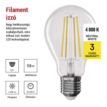 LED izzó Filament A60 / E27 / 7,5 W (75 W) / 1 055 lm / természetes fehér / dimmelhető