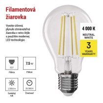 LED žiarovka Filament A60 / E27 / 7,5 W (75 W) / 1 055 lm / neutrálna biela / stmievateľná