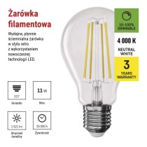 Żarówka LED Filament A60 / E27 / 11W (100W) / 1521 lm / neutralna biel / ściemnialna