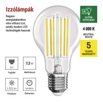LED izzó Filament A60 A CLASS / E27 / 7,2 W (100 W) / 1521 lm / természetes fehér