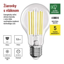 LED žiarovka Filament A60 A CLASS / E27 / 7,2 W (100 W) / 1521 lm / neutrálna biela