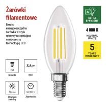 Żarówka LED Filament świeczka  A CLASS/ E14 / 3,8 W (60 W) / 806 lm / neutralna biel
