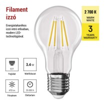 LED izzó Filament A60 / E27 / 3,4 W (40 W) / 470 lm / Meleg fehér