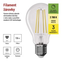 LED žárovka Filament A60 / E27 / 7,5 W (75 W) / 1 055 lm / teplá bílá / stmívatelná
