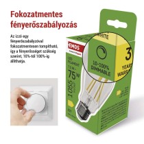 LED izzó Filament A60 / E27 / 7,5 W (75 W) / 1 055 lm / meleg fehér / dimmelhető