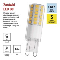 Żarówka LED Classic JC / G9 / 4,3W (48 W) / 600 lm / Zimna biel