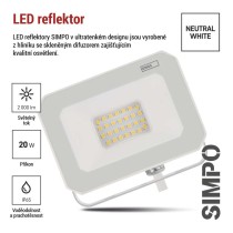 LED reflektor SIMPO 20W, bílý, IP65, 2000 lm, neutrální bílá
