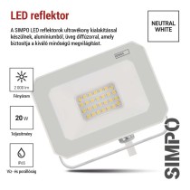 LED reflektor SIMPO 20W, fehér, IP65, 2000 lm, természetes fehér