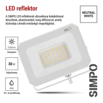 LED reflektor SIMPO 30W, fehér, IP65, 3000 lm, természetes fehér