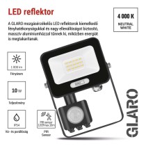 LED reflektor GLARO PIR 10 W, fekete, IP54, 1000 lm, természetes fehér