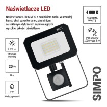 Naświetlacz LED SIMPO 20W, z czujn. PIR, czarny, neutralna biel