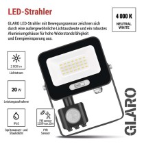 Naświetlacz LED GLARO PIR 20 W, czarny, IP54, 2000 lm, neutralna biel