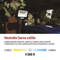 LED reflektor GLARO s pohybovým čidlem, 20 W, černý, IP54, 2000 lm, neutrální bílá