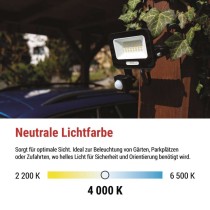 LED reflektor GLARO PIR 20 W, fekete, IP54, 2000 lm, természetes fehér
